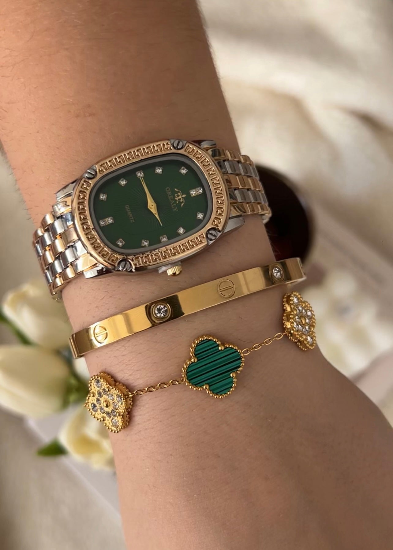 Kleeblatt- und Diamantarmband